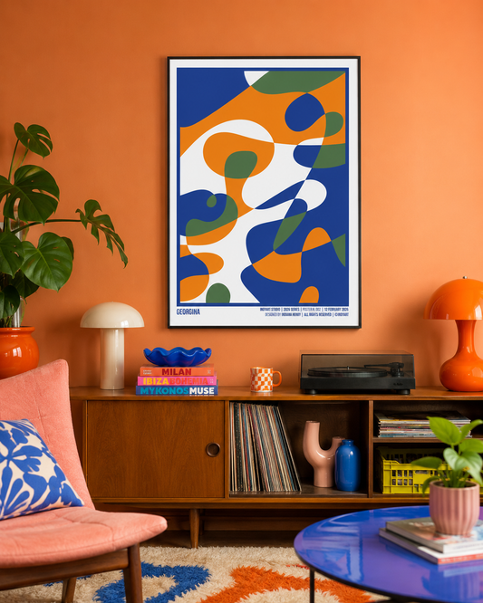 Georgina A2 poster displayed in a colorful 1970s living room with an orange wall and vinyl decor