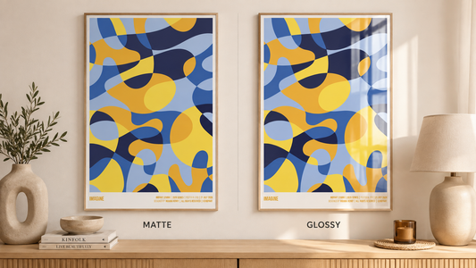 Side-by-side comparison of the same colorful abstract poster in matte and glossy finishes, showing reduced glare on the matte print and strong window reflections on the glossy print.