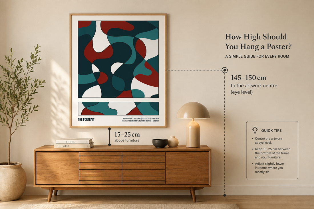 Infographic showing the ideal poster hanging height above a wooden sideboard, with a colorful framed artwork positioned 15–25 cm above the furniture and its centre 145–150 cm from the floor.