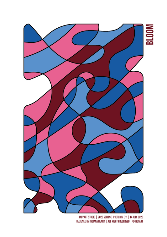Bloom abstract A2 art print with flowing pink, burgundy, royal blue and light blue shapes