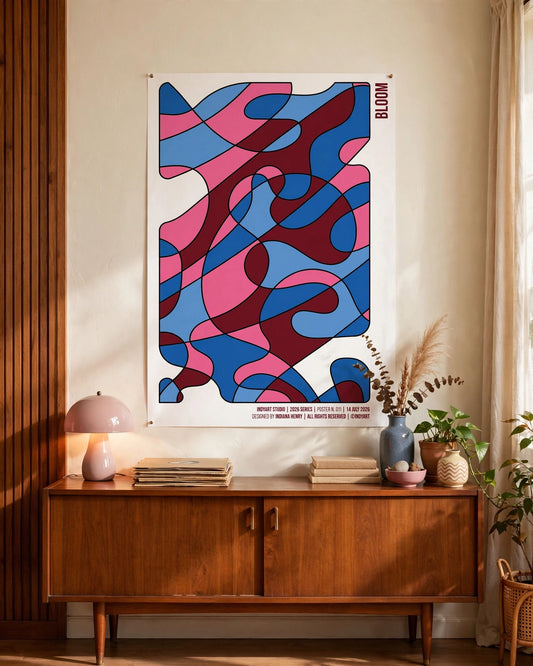 Bloom A2 poster displayed above a wooden sideboard in a warm Scandinavian-style interior