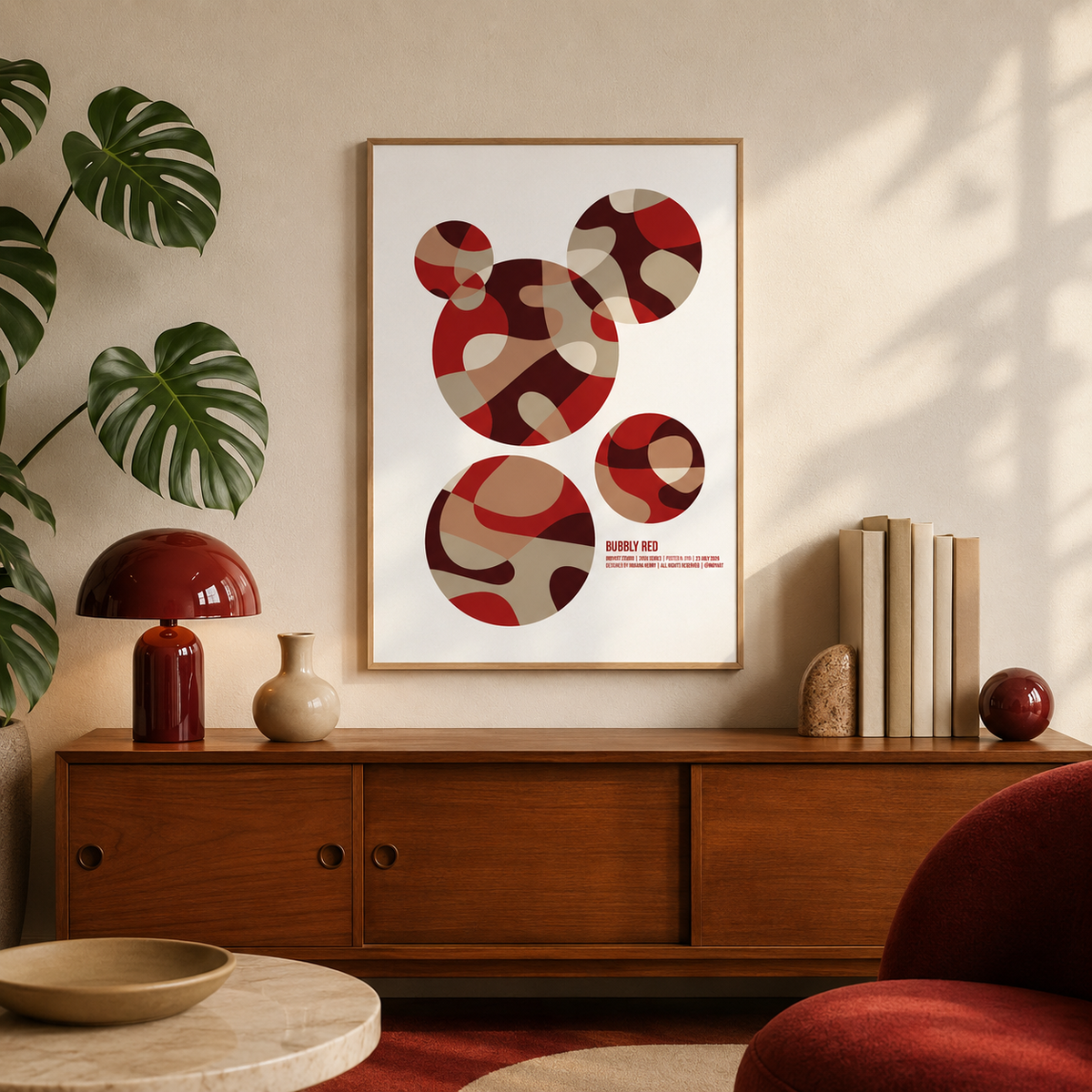 Bubbly Red A2 poster displayed in a modern living room with burgundy and neutral decor
