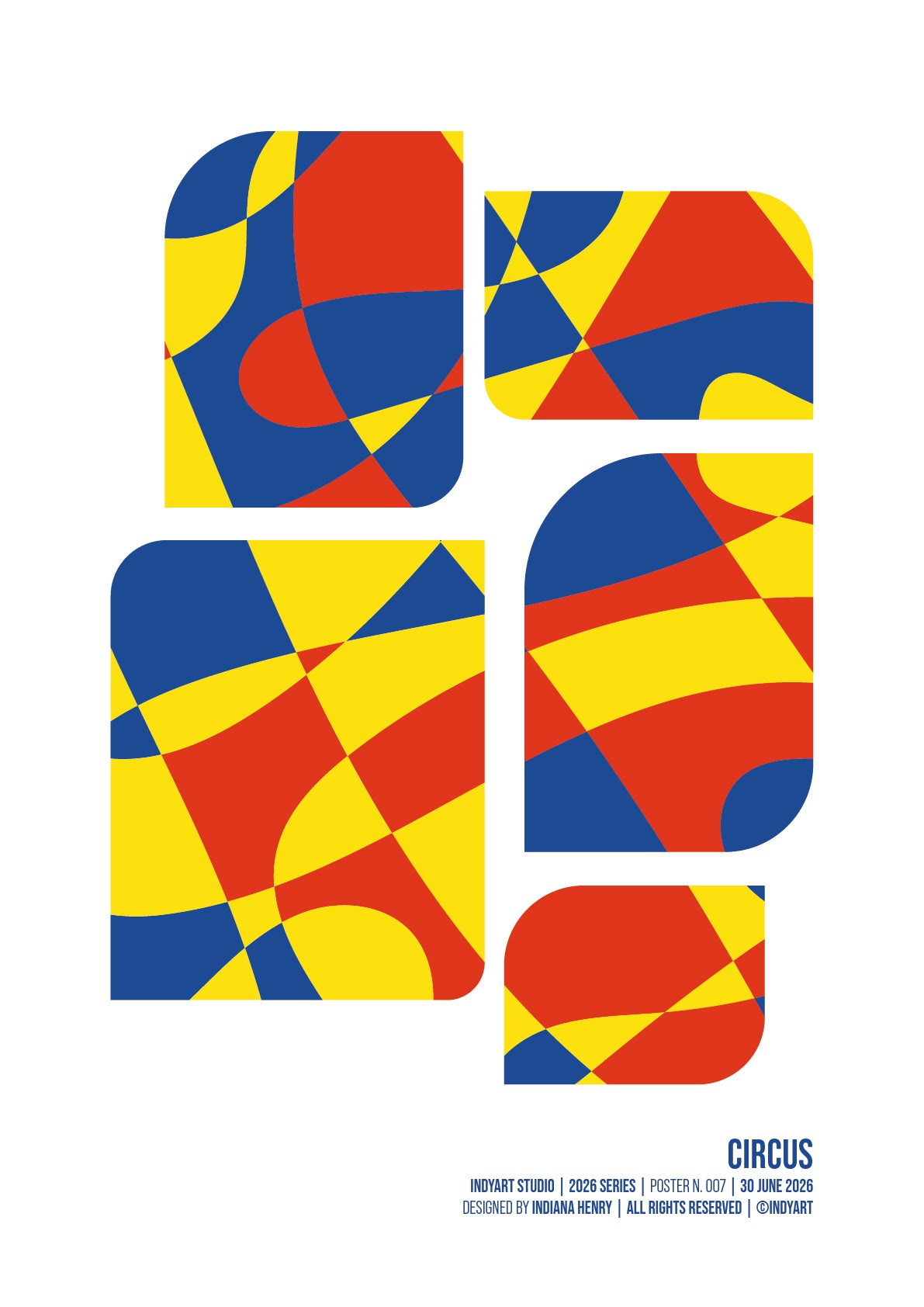 Circus geometric A2 art print with rounded red, yellow and blue abstract panels