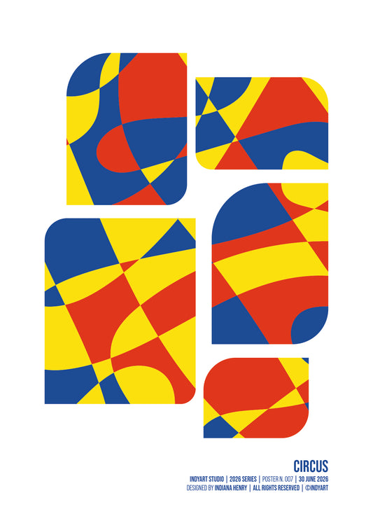 Circus geometric A2 art print with rounded red, yellow and blue abstract panels