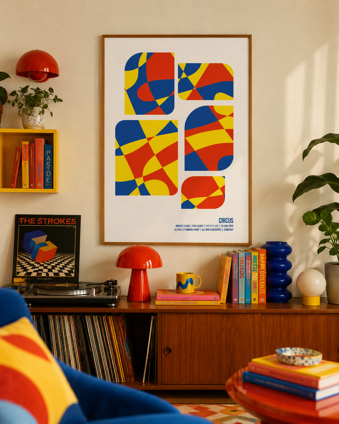 Circus A2 poster displayed in a colorful mid-century living room with a turntable and retro decor