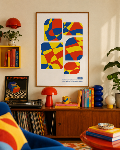 Circus A2 poster displayed in a colorful mid-century living room with a turntable and retro decor
