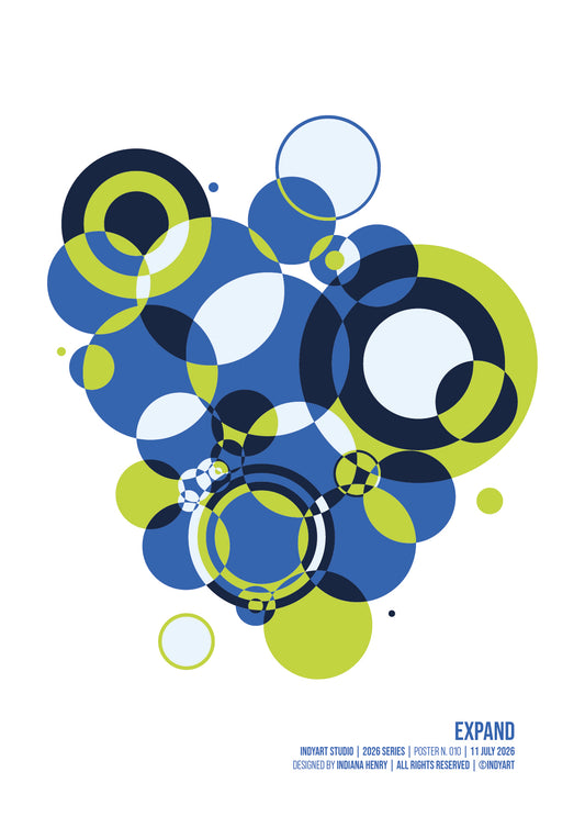 Expand abstract A2 art print with overlapping cobalt blue, lime green and charcoal circles