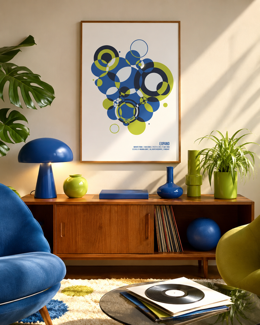 Expand A2 poster displayed in a bright mid-century living room with blue and lime green decor