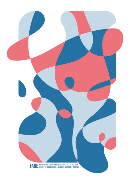 Fade abstract A2 art print with layered coral, deep blue, pale blue and cream organic shapes
