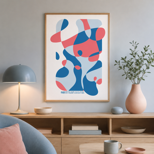 Fade A2 poster displayed in a soft Scandinavian interior with pale blue and blush decor