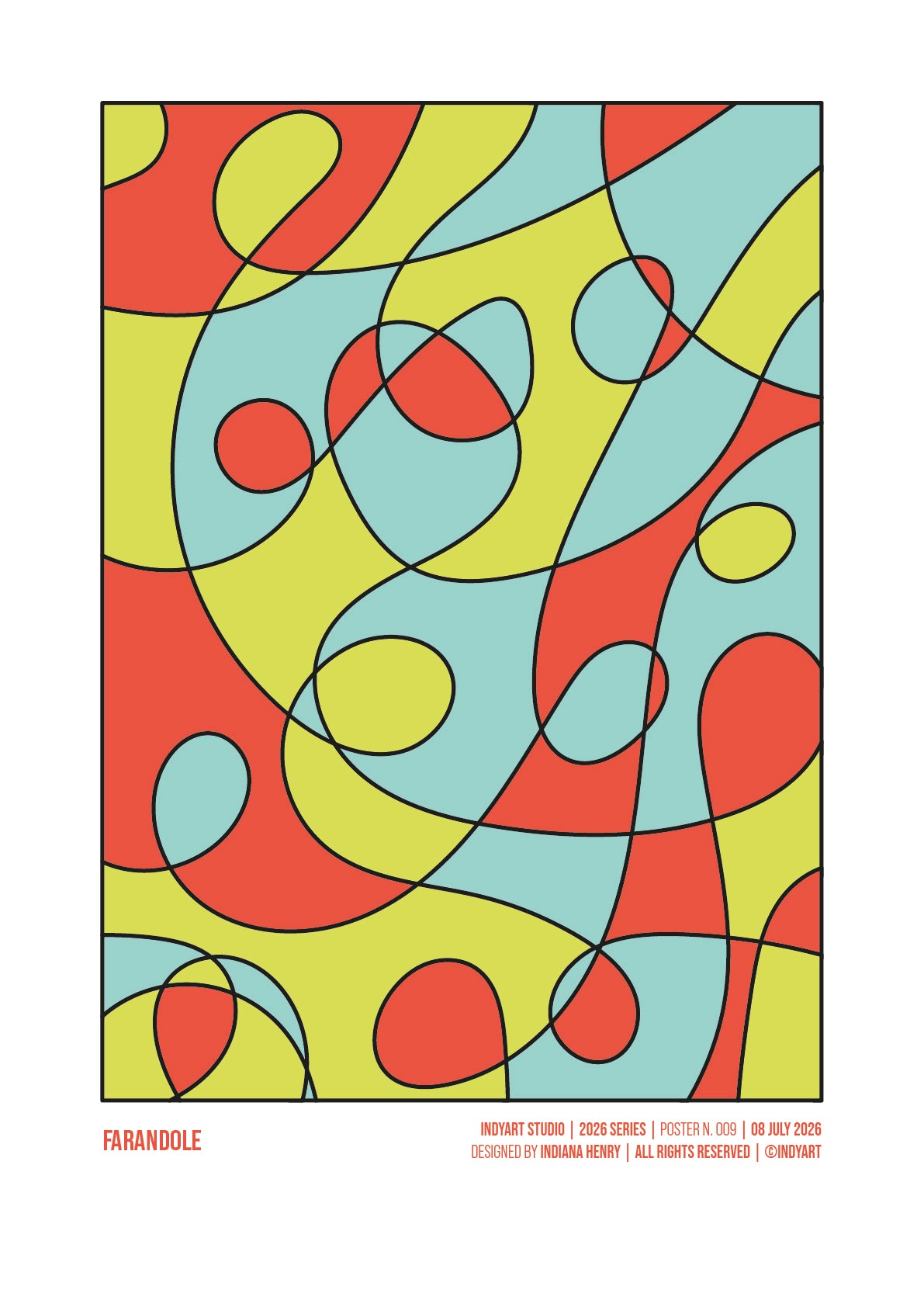 Farandole abstract A2 art print with outlined coral, lime green and pale blue organic shapes