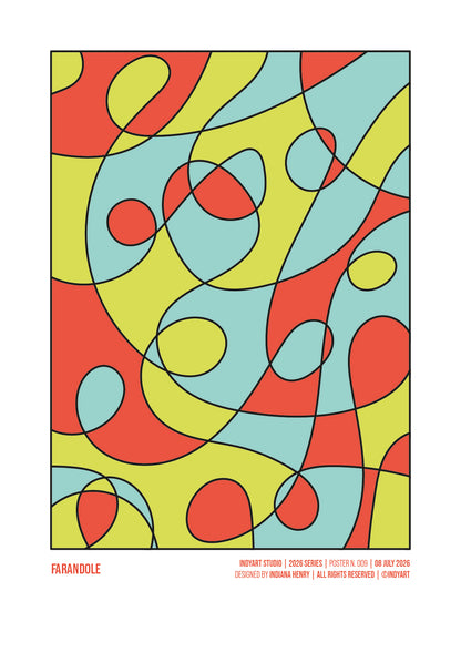 Farandole abstract A2 art print with outlined coral, lime green and pale blue organic shapes
