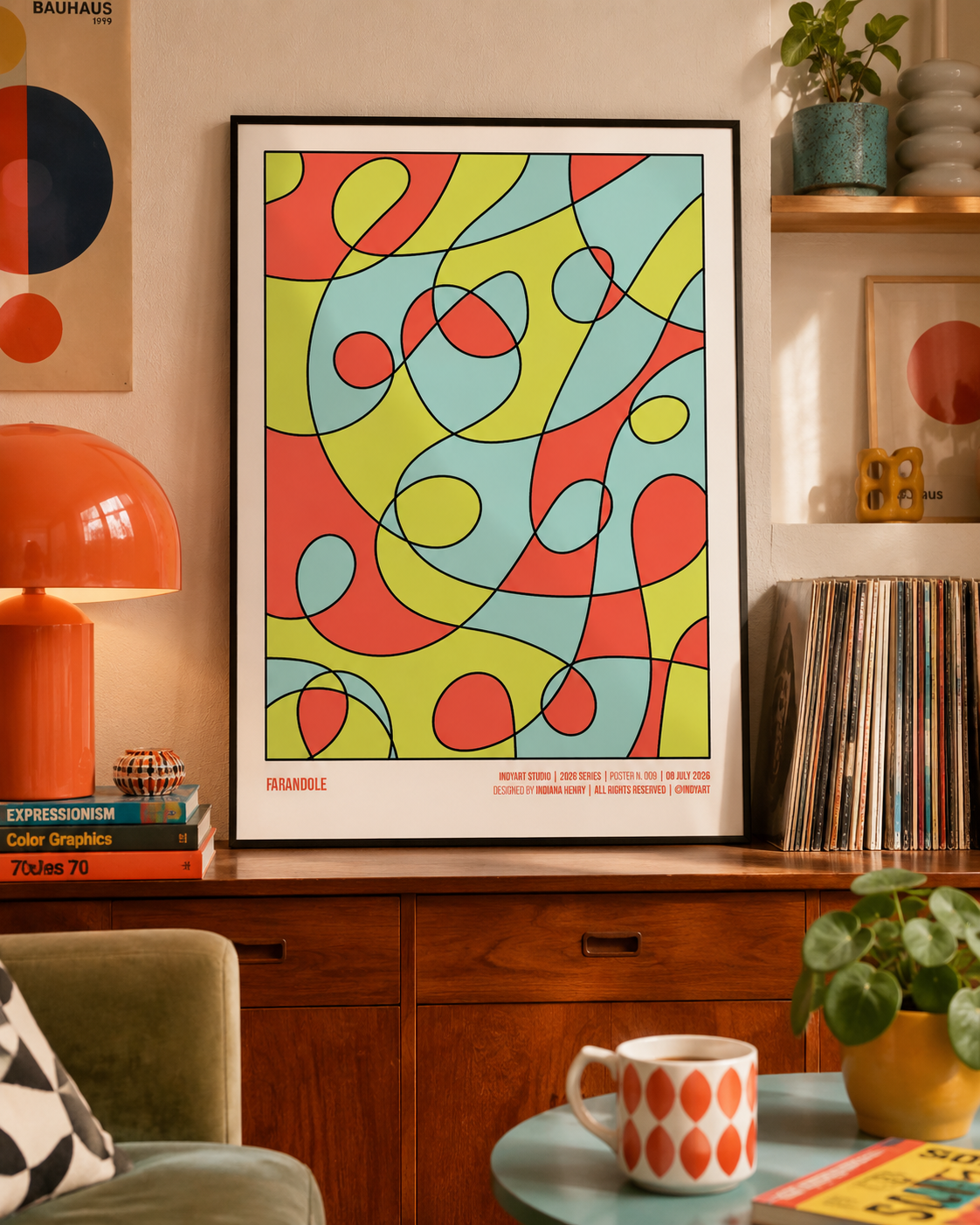 Farandole A2 poster displayed in a warm retro living room with orange and turquoise accents
