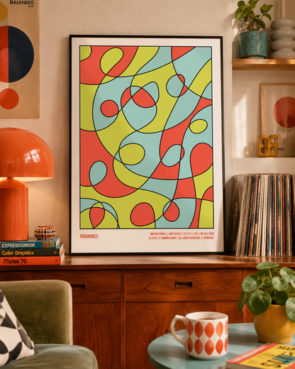 Farandole A2 poster displayed in a warm retro living room with orange and turquoise accents
