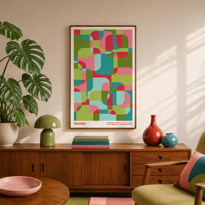 Fresh Cubes A2 art print displayed in a retro living room