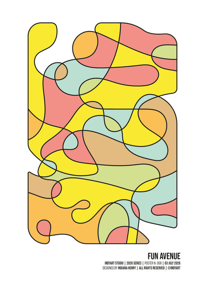 Fun Avenue abstract A2 art print with outlined yellow, pink, mint and peach organic shapes