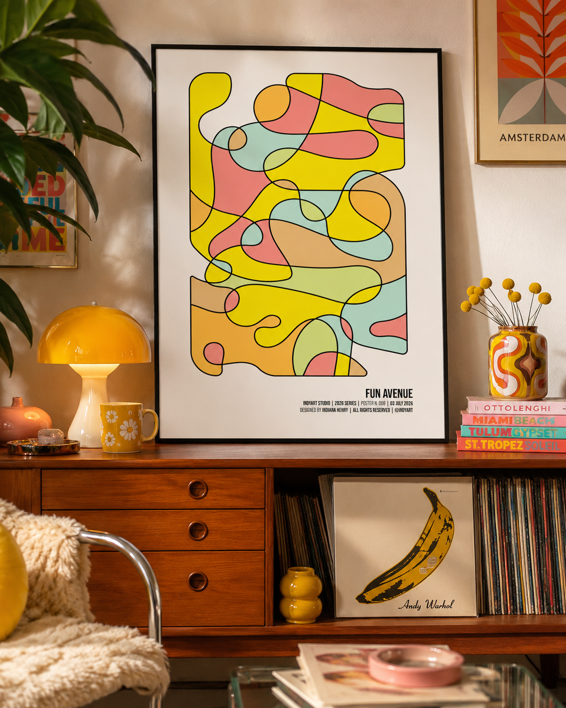 Fun Avenue A2 poster displayed in a colorful retro living room with a yellow lamp and vinyl records
