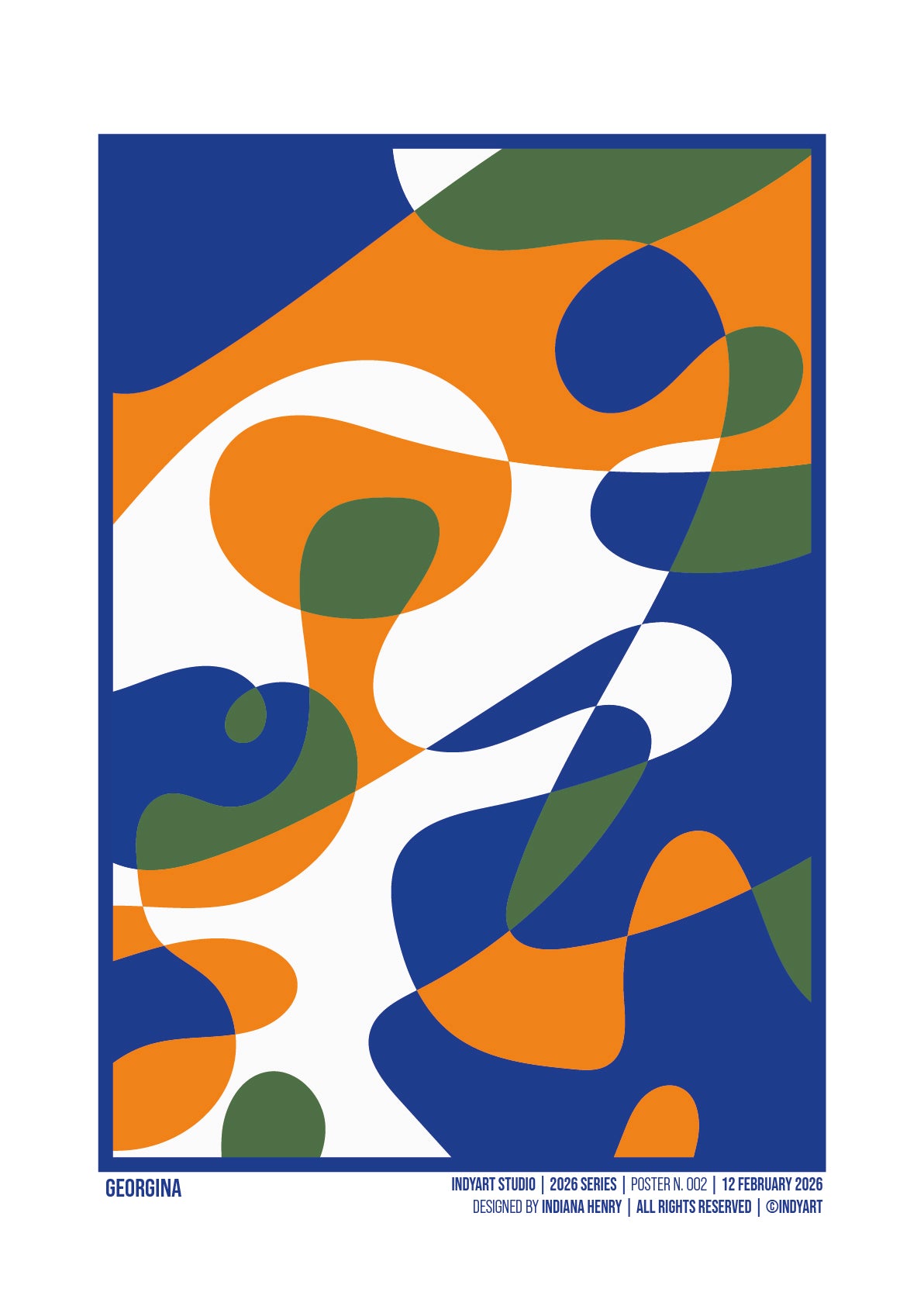 Georgina abstract A2 art print with organic blue, orange, green and white shapes