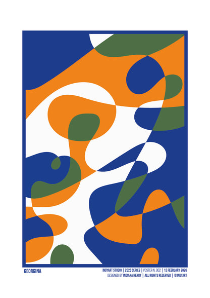Georgina abstract A2 art print with organic blue, orange, green and white shapes