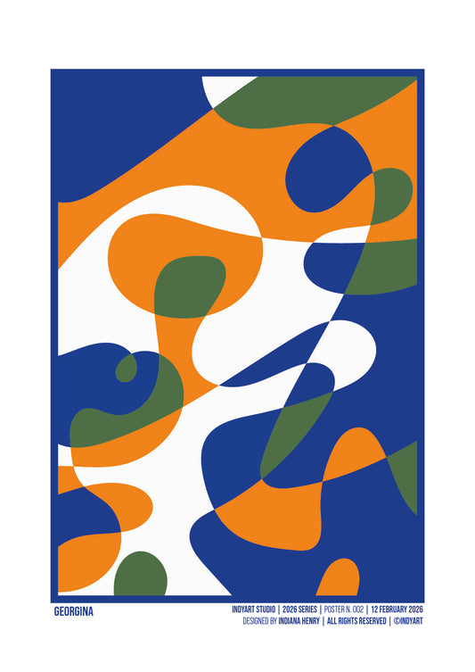 Georgina abstract A2 art print with organic blue, orange, green and white shapes