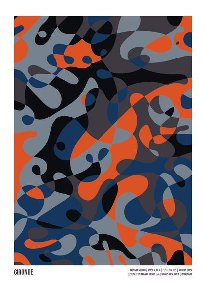 Gironde abstract A2 art print with organic orange, navy blue, black and grey shapes