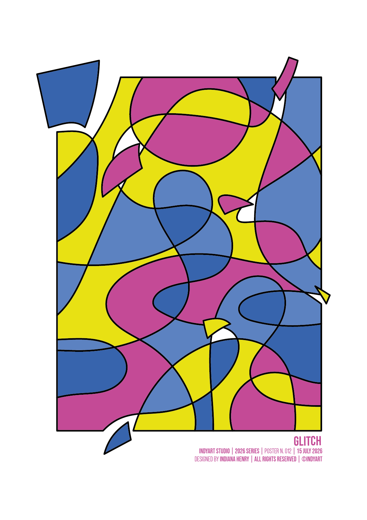 Glitch abstract A2 art print with bold yellow, blue and magenta shapes outlined in black