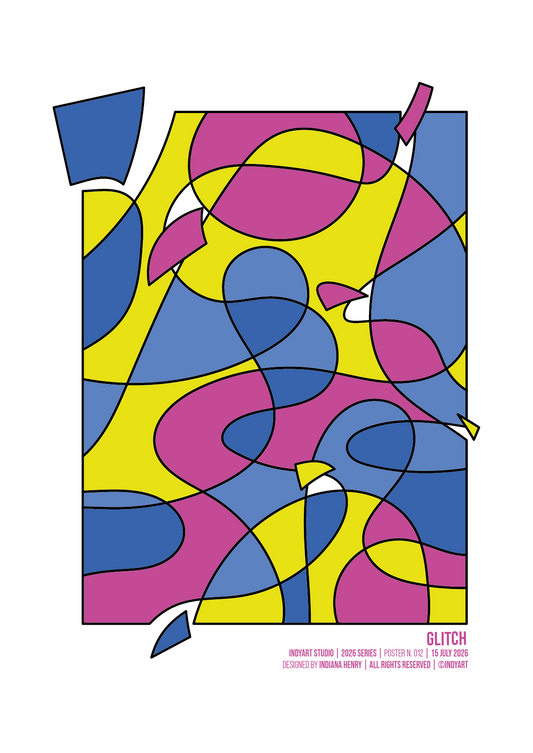 Glitch abstract A2 art print with bold yellow, blue and magenta shapes outlined in black
