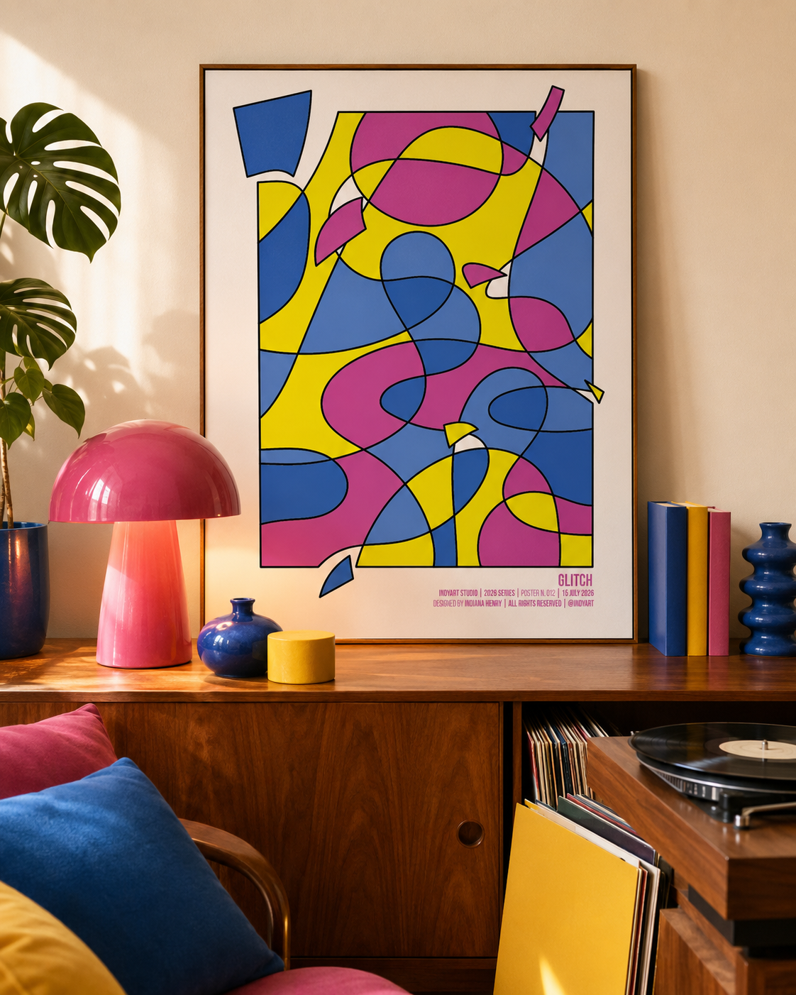 Glitch A2 poster displayed in a colorful retro living room with a pink lamp and blue decor