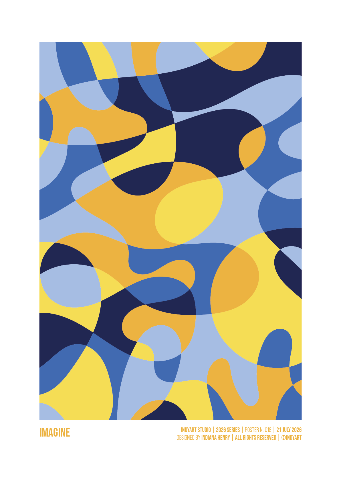Imagine abstract A2 art print with overlapping navy blue, light blue and yellow organic shapes