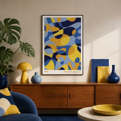 Imagine A2 poster displayed in a warm mid-century living room with blue and yellow decor
