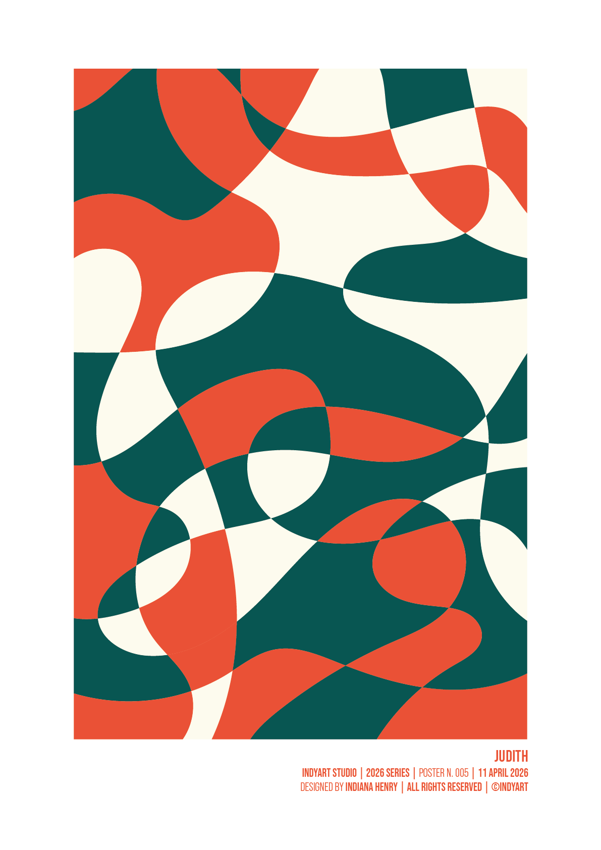 Judith abstract A2 art print with flowing deep green, orange-red and cream shapes