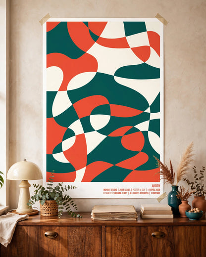 Judith A2 poster displayed above a wooden sideboard in a warm natural interior