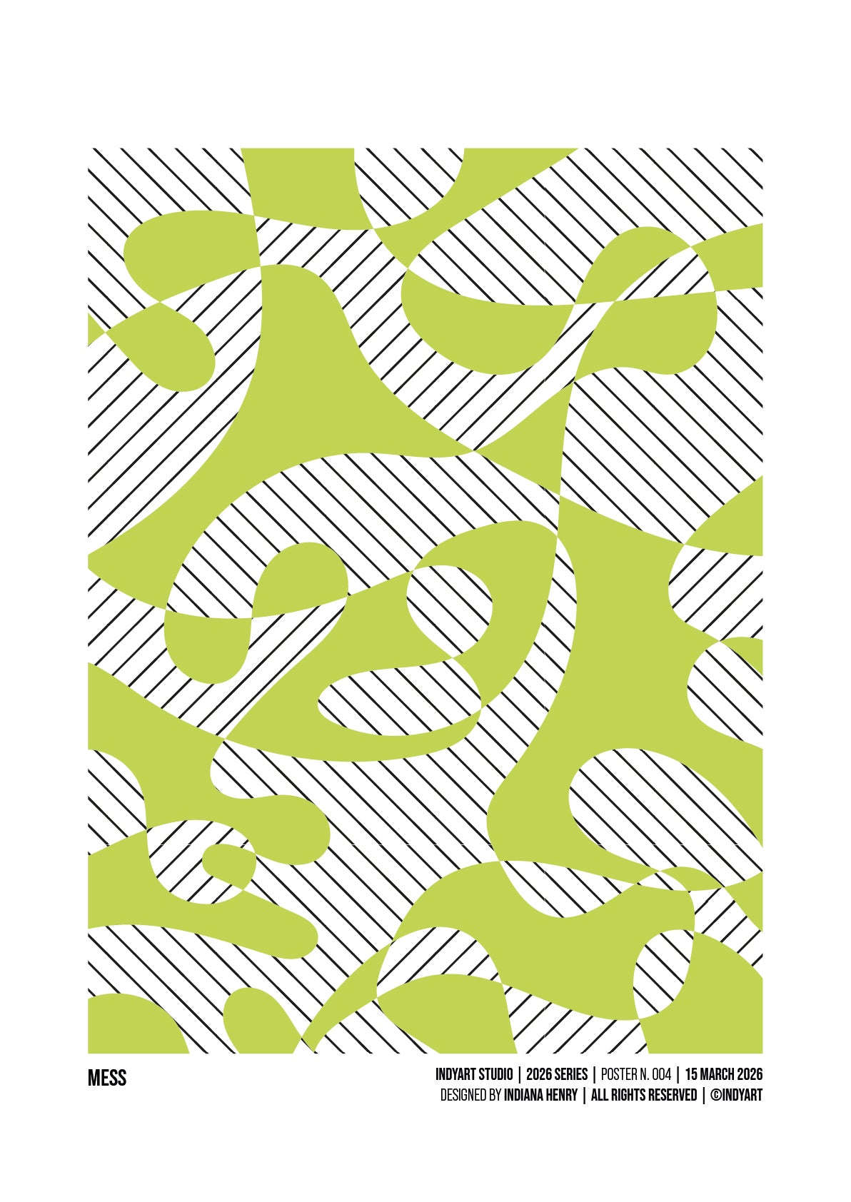 Mess graphic A2 art print with lime green organic shapes and black diagonal stripes