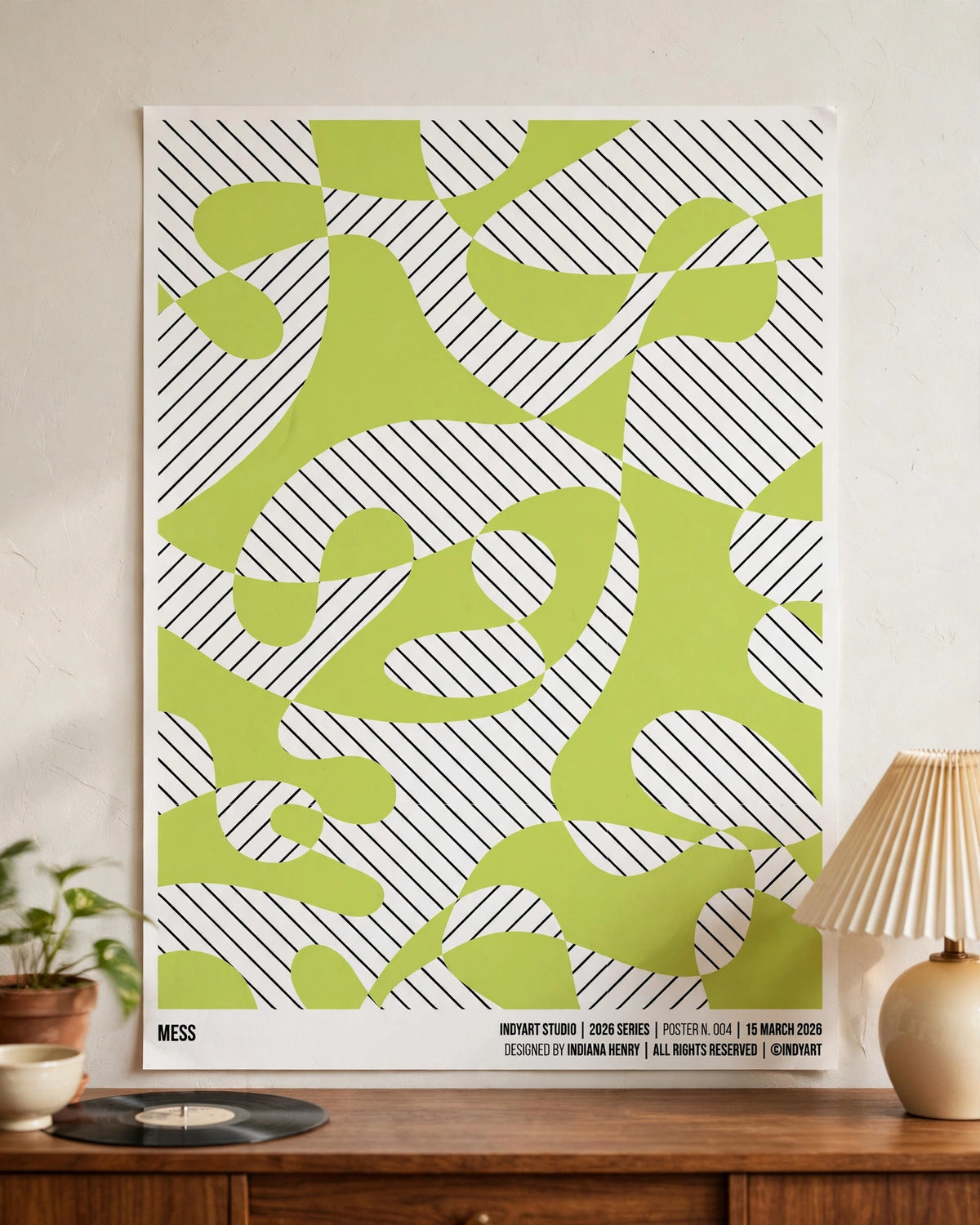 Mess A2 poster displayed in a minimalist retro living room with green decor and vinyl records