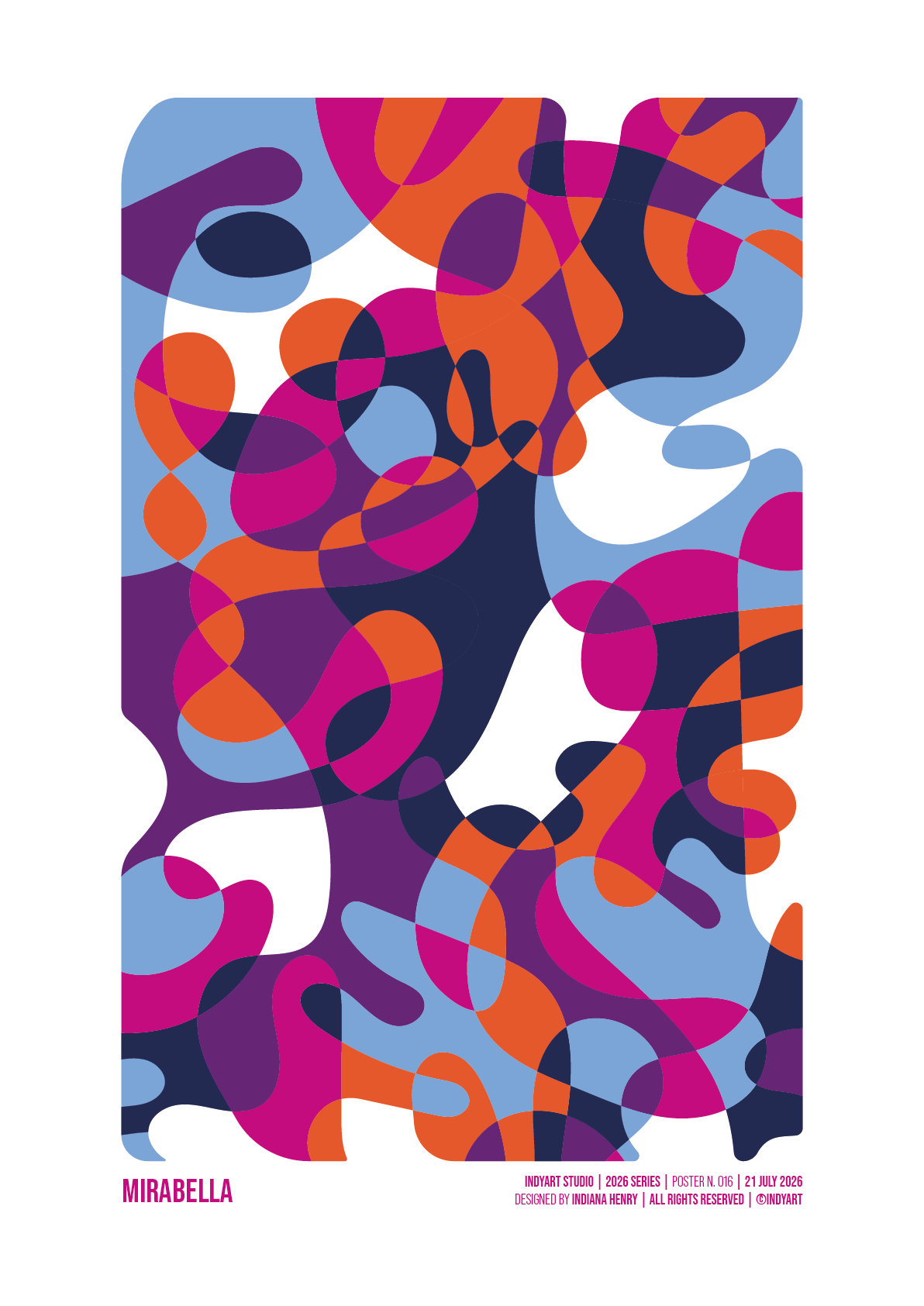 Mirabella abstract A2 art print with flowing magenta, orange, navy blue, purple and light blue organic shapes