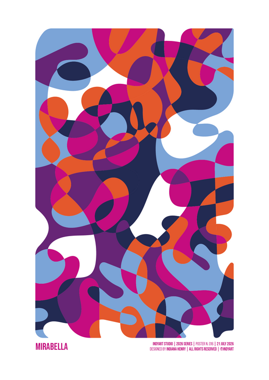 Mirabella abstract A2 art print with flowing magenta, orange, navy blue, purple and light blue organic shapes