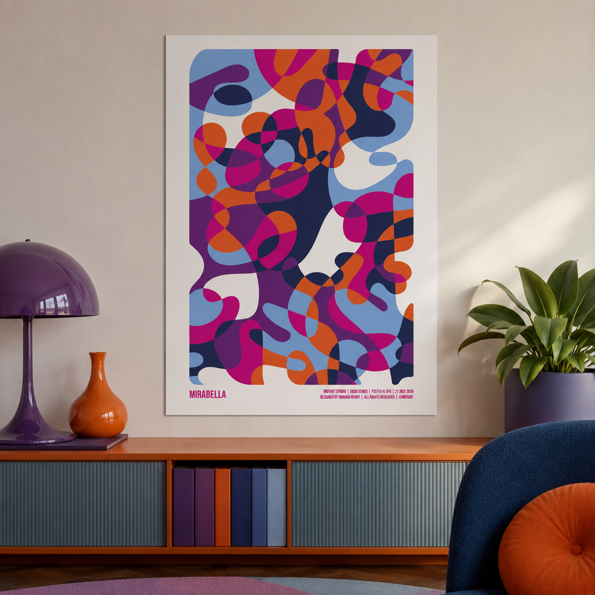 Mirabella A2 poster displayed in a colorful mid-century interior with purple, orange and blue decor
