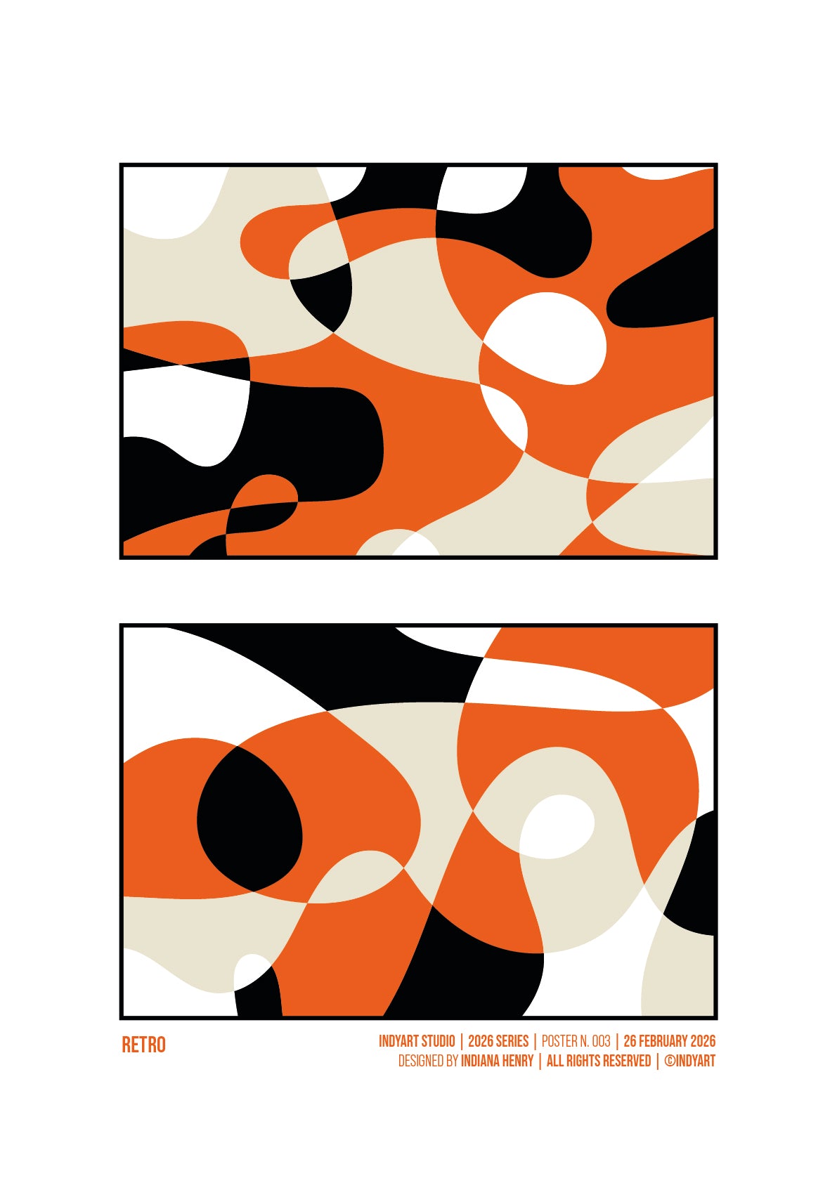 Retro abstract A2 art print with orange, black and cream organic shapes in two graphic panels