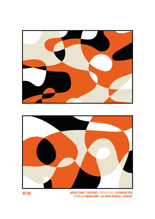 Retro abstract A2 art print with orange, black and cream organic shapes in two graphic panels