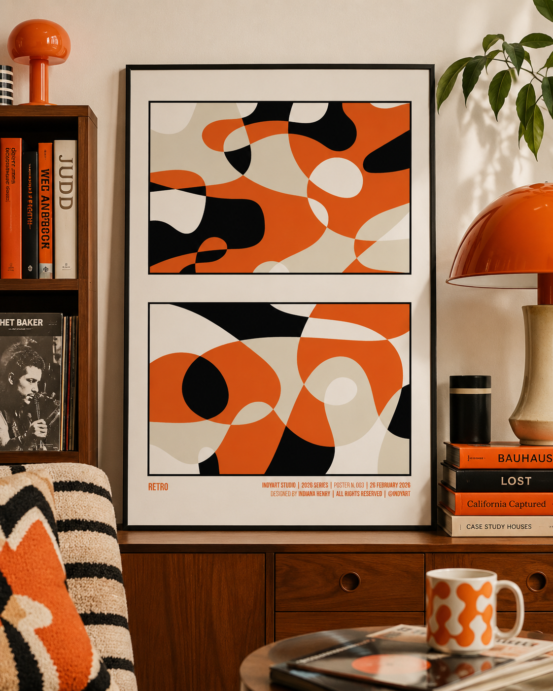 Retro A2 poster displayed in a warm mid-century living room with orange lamps and wooden furniture