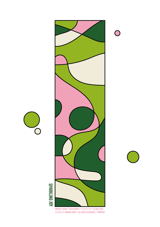 Sparkling Joy abstract A2 art print with lime green, forest green, pink and cream shapes