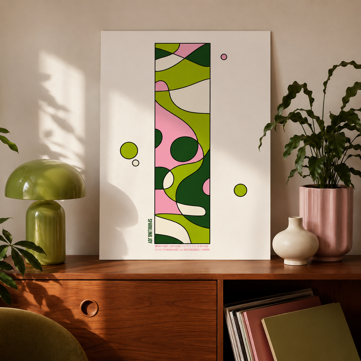 Sparkling Joy A2 poster displayed in a sunlit mid-century interior with green and pink decor