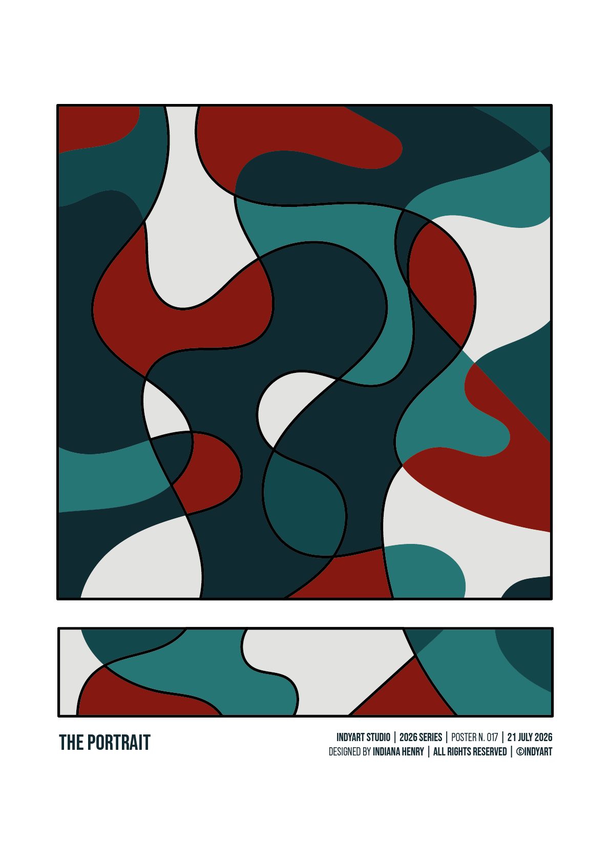 The Portrait abstract A2 art print with outlined teal, burgundy and cream organic shapes