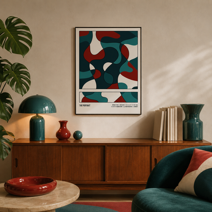 The Portrait A2 poster displayed in a modern living room with teal furniture and red accents