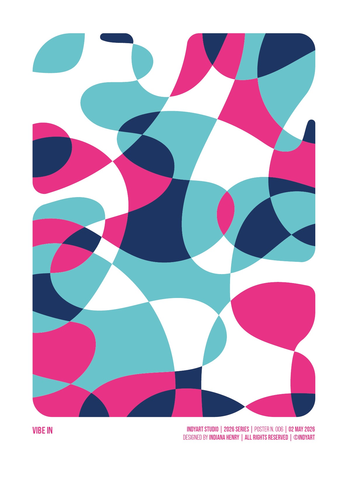 Vibe In abstract A2 art print with flowing pink, turquoise, navy blue and white shapes