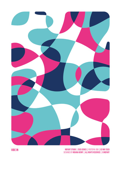 Vibe In abstract A2 art print with flowing pink, turquoise, navy blue and white shapes