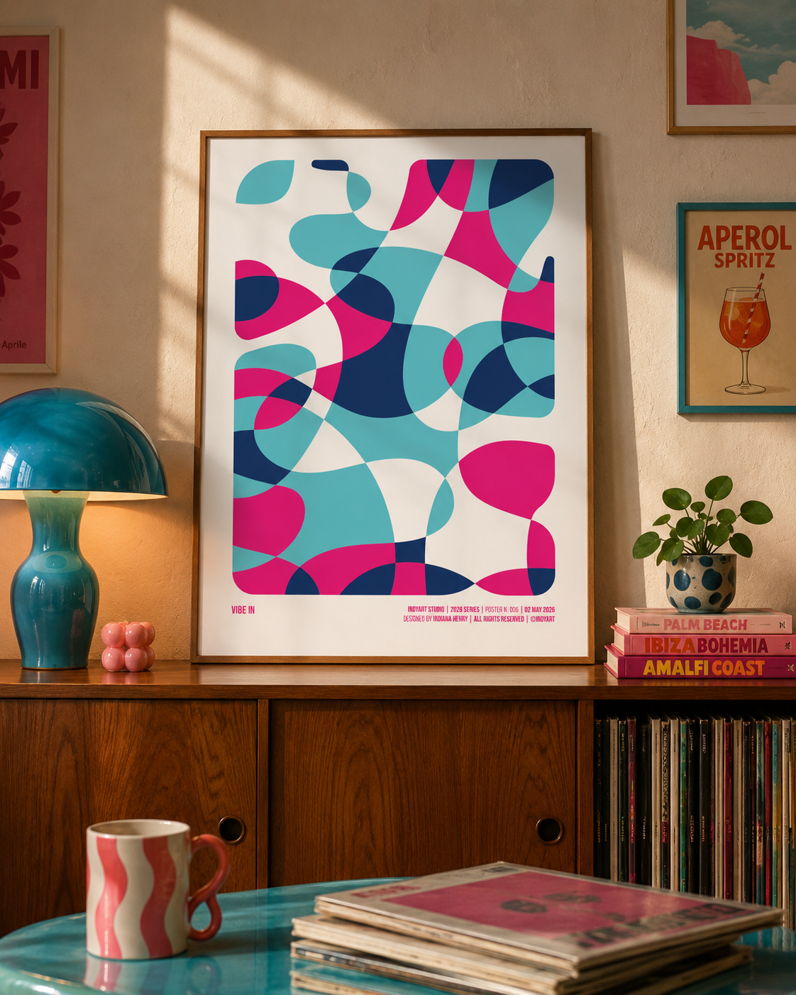 Vibe In A2 poster displayed in a sunlit retro living room with turquoise and pink decor