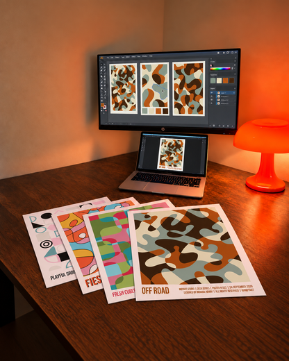 Illustrative view of IndyArt Studio's custom poster design process, with layout proposals on screen and colourful art prints on a wooden desk.