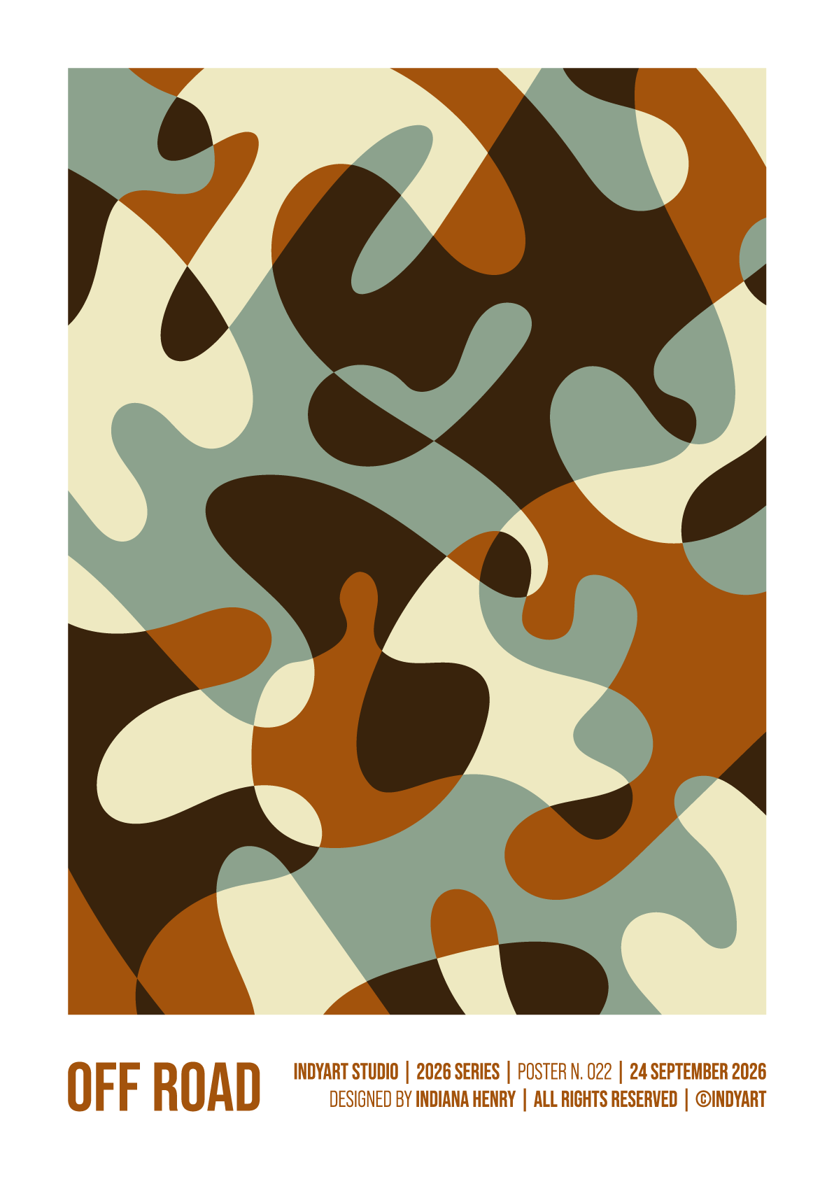 Affiche OFF ROAD — composition abstraite vert sauge, ocre, crème et brun.