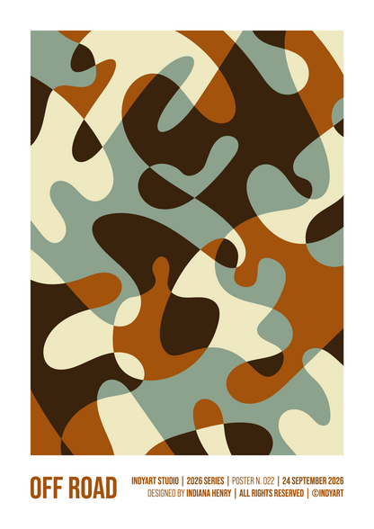Affiche OFF ROAD — composition abstraite vert sauge, ocre, crème et brun.